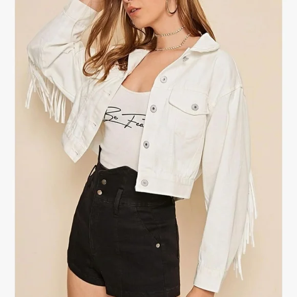 Women's Chic Button Down Tassel Fringe Denim Jean Cropped Jacket Rodeo Large - Picture 6 of 9